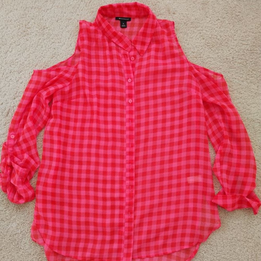 I Heart Ronson Neon Pink Plaid Sheer Cold Shoulder Blouse - Medium - Picture 1 of 3